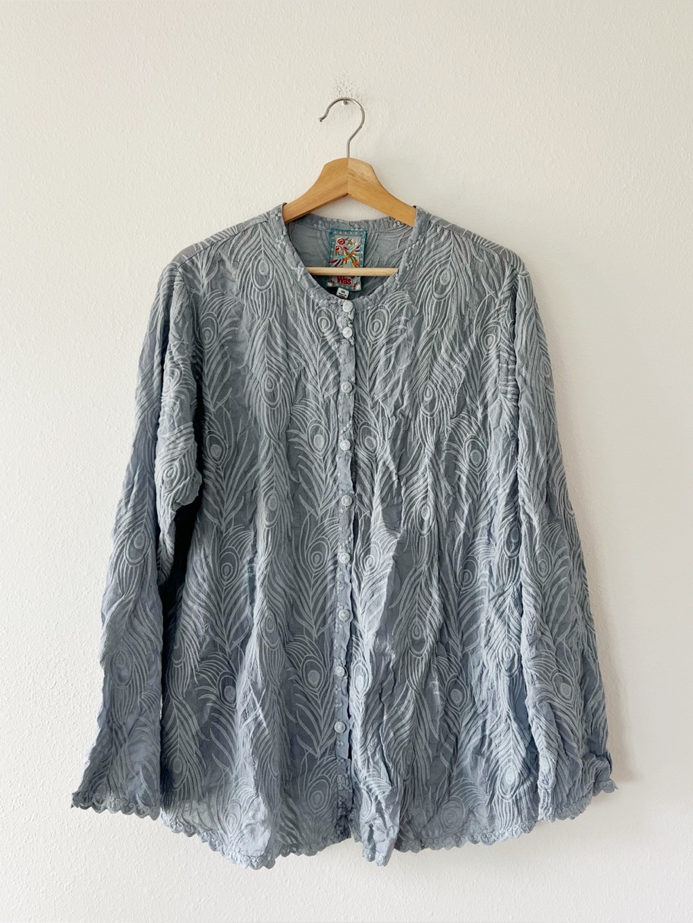 JOHNNY WAS | Lenny Peacock Embroidered Button Down Top in Slate Blue | XXL